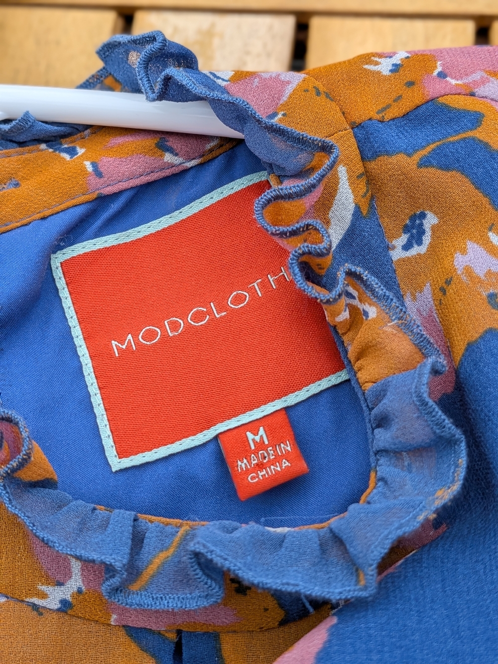 Modcloth Blue Floral Ruffle Neck Midi Dress with Orange & Pink Accent Flowers. - Picture 4 of 7